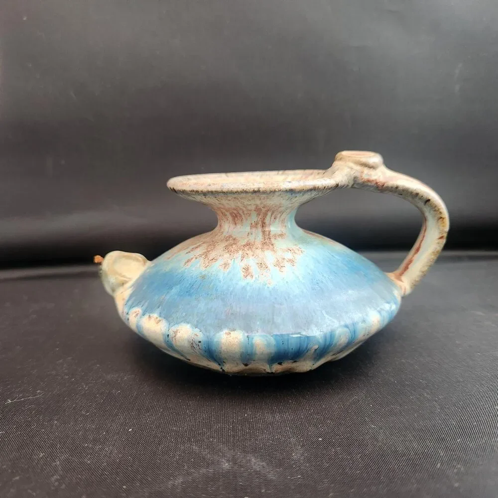 Single Double Wick Studio Pottery Oil Lamp Blue Drip Glaze OOAK Genie Signed VTG
